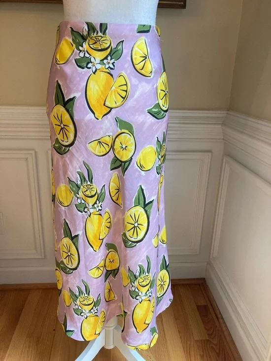 ZARA Lemon Print Satin Midi Skirt - Picture 8 of 14